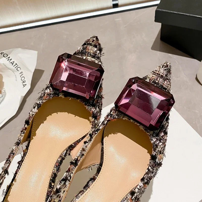 Luxury Diamonds Brand High Heels Women Sexy Pointed Toe Pumps Jewelry Sandals Ladies Elegant  Backless Party Dress Shoes Female