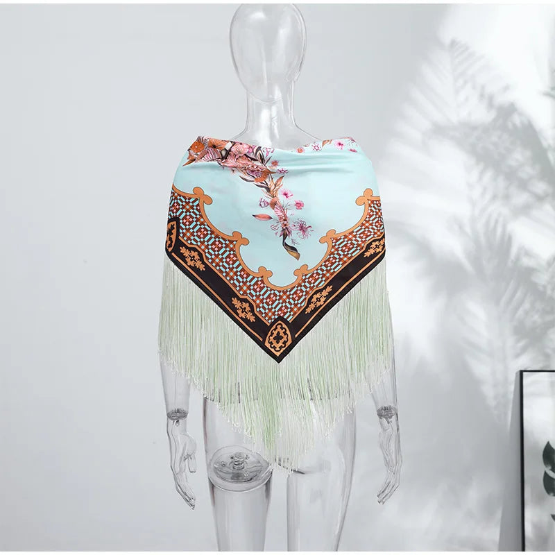 Fashion Vintage Printed Tassel Square Scarf Women Fringe Patchwork Shawl Waist Seal Accessories 2026 Spring Summer Street Shawls
