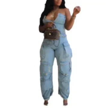 Jumpsuits Women Sexy One Piece Strapless Sleeveless Single Breasted Multiple Pockets High Waist Overalls Streetwear Trousers