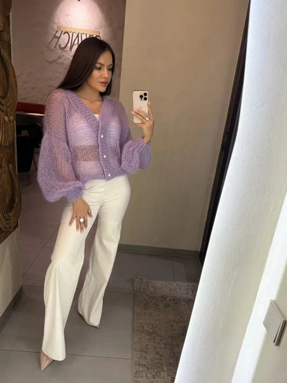 Women Knitting Cardigan 2026 New Women Mohair Knit Cardigan Hollow Out Sheer Long Sleeve Casual Knitted Outerwear Sweater