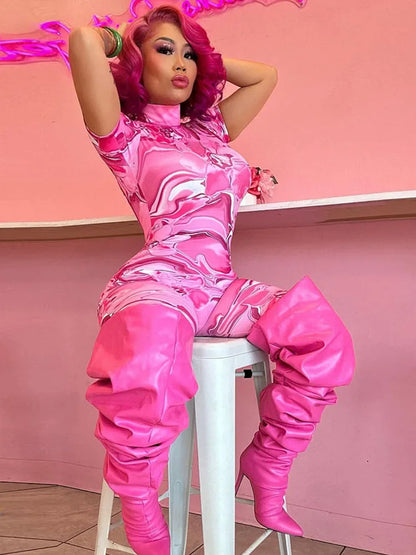 kliou Sexy Printed Women Jumpsuits Fashion New Back Hollow Full Sleeve Stand Collar Slim Overalls Female Midnight Party Clubwear