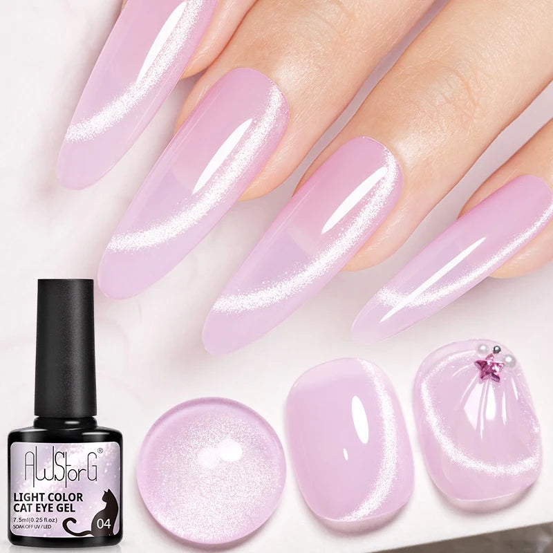 AWStorG 7.5ml Light Color Cat Eye Gel Nail Polish Pink Semi Permanent Glitter Magnetic Gel Soak Off UV LED Varnish Nail Art