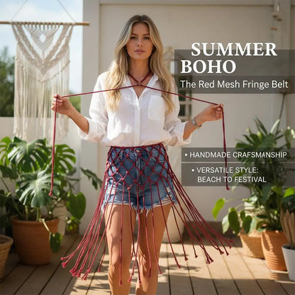 Bohemian Netted Fringe Scarf Handwoven Bikini Women Mid Waist Skirt Ethnic Design Mesh Tassel Waistband Decorative Butt Curtain