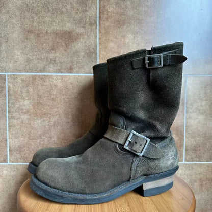 Fashion Men's Genuine Leather Motorcycle Boots Handmade Mid-Calf Metal Buckle Strap Work Shoes Engineer Boots Knight Boots