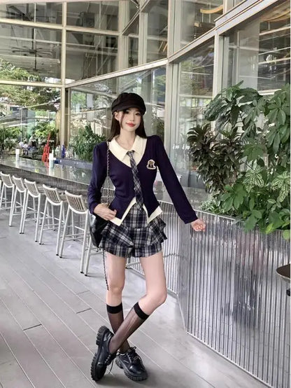 Autumn Korean Style Girl JK  Two Piece Set  high-waisted Plaid Skirt And Faux two-piece Shirt Women Fashionalbe Jk Uniform Set