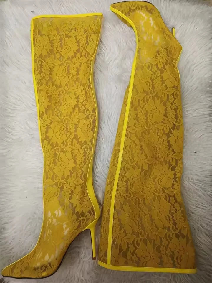 Spring Women Lace With PVC Thigh High Boots Sexy Pointed Toe Stiletto High Heels Transparent Over The Knee Boots Bigger Size 44