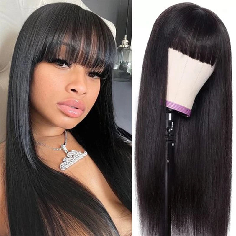 38 inch Straight Lace Front Wig With Bangs Fringe Human Hair Wigs 360 HD Full Lace Frontal Wig With Bang On Sale Clearance Cheap