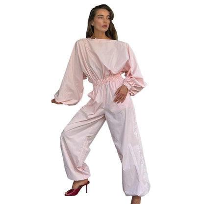 Pink One-Piece Suit Women's Spring Summer New Lantern Sleeve Backless Top Waist-Cinching Wide Leg One-Piece Suit