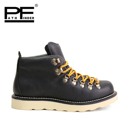 pf Fashion Genuine Leather Motorcycle Boots Men's Hiking Work Boots Women Ankle Western Boots Non-slip Round Toe