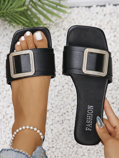 Women's Flat Slippers Summer Leather Square Toe Women Flats Flip Flops Designer Ladies Slides Sandals Women Shoes Luxury Sandals