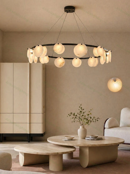 2026 Natural Marble Pieces LED Chandelier Lustre Alabaster Pendant Light Suspension Luminaire Lampen For Foyer Dinning Room