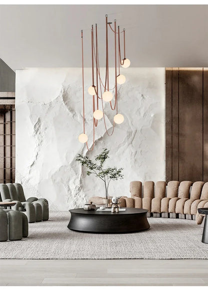 Nordic Leather Chandelier Italian Leather Belt Duplex Staircase Living Room Hotel Restaurant Decoration LED Lamps Pendant Lights