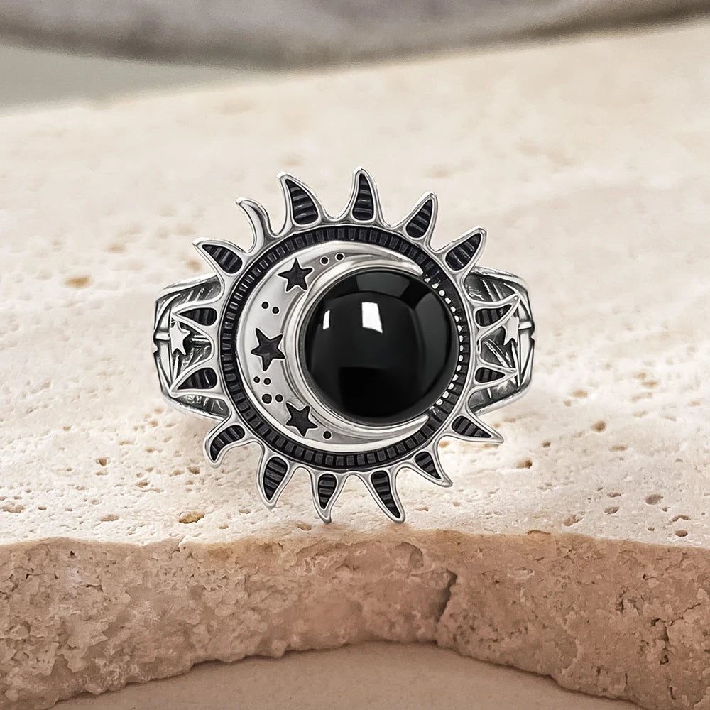 925 Sterling Silver Natural Moonstone Ring 8MM Bohemian Star Sun Moon Shape Ring Gothic Punk Style Party Gift for Women Men