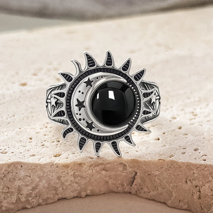 925 Sterling Silver Natural Moonstone Ring 8MM Bohemian Star Sun Moon Shape Ring Gothic Punk Style Party Gift for Women Men