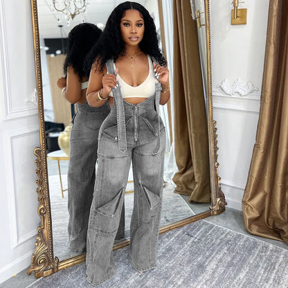Jumpsuit Women Suspenders Overalls Zipper Denim One Piece Mom Jeans Wide Leg Long Pants High Waist Rompers Y2k Streetwear Summer