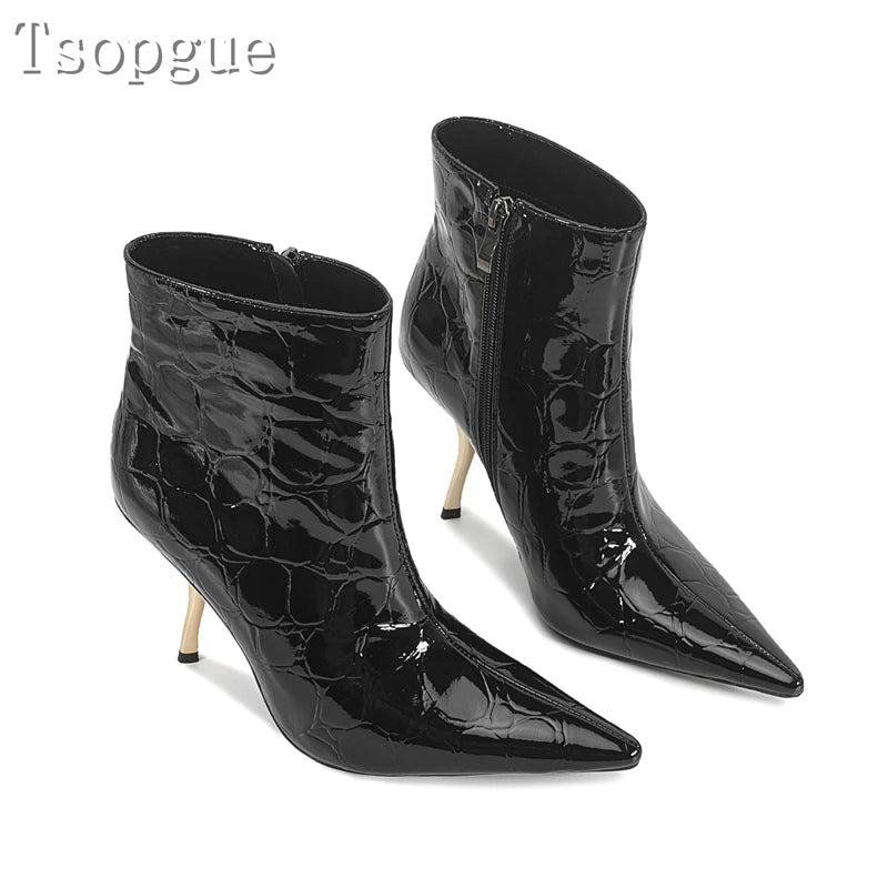 Desinger New Black Patent Leather Women Ankles Boots Pointed Toe Golden High Heels Sexy Short Boots Fashion Runway Show Shoes