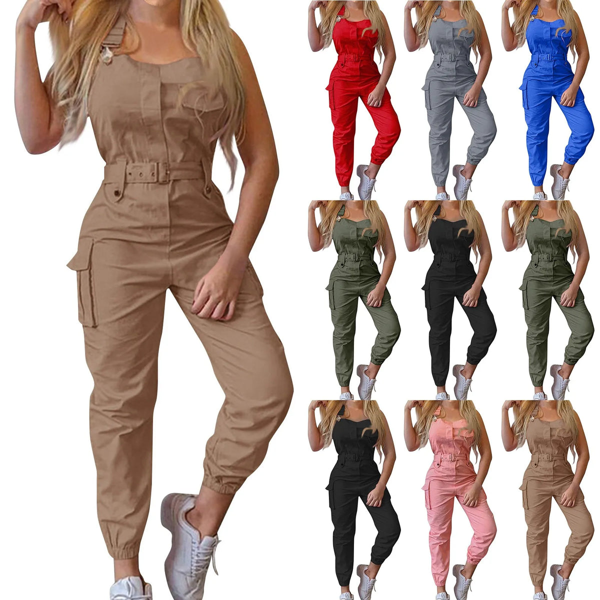 Women'S Large Size Cargo Romper Fashion Trend High Waist Clasp Pocket Jumpsuits Simple Solid Comfy Fitting Strap Jumpsuit 5xl