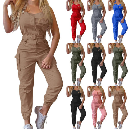 Women'S Large Size Cargo Romper Fashion Trend High Waist Clasp Pocket Jumpsuits Simple Solid Comfy Fitting Strap Jumpsuit 5xl