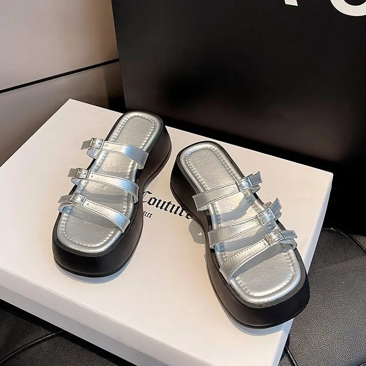 Women Thicken Soled Buckle Strap Sandals Platform High Heel Shoes Ladies Cut-Out Slippers Open Toe Flipflops Silver Beach Slides