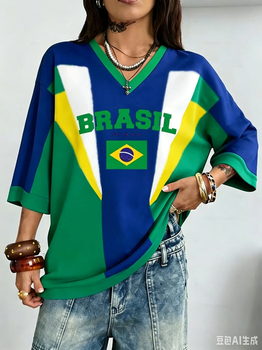 Summer New Vintage Brazil Style Print Women V-Neck T Shirt Patchwork Short Sleeve Sports Tees Football Jersey Y2K Loose Tops