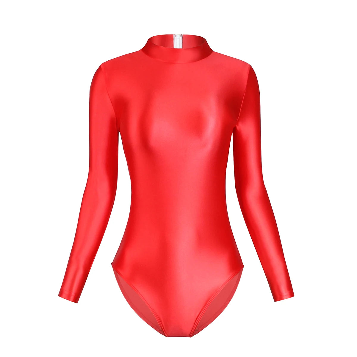 Satin Glossy Leotards Long Sleeve Back Zipper One Piece Swimsuit Sexy High-Cut Bikini Bodysuit Women Bathing Suit Plus Size