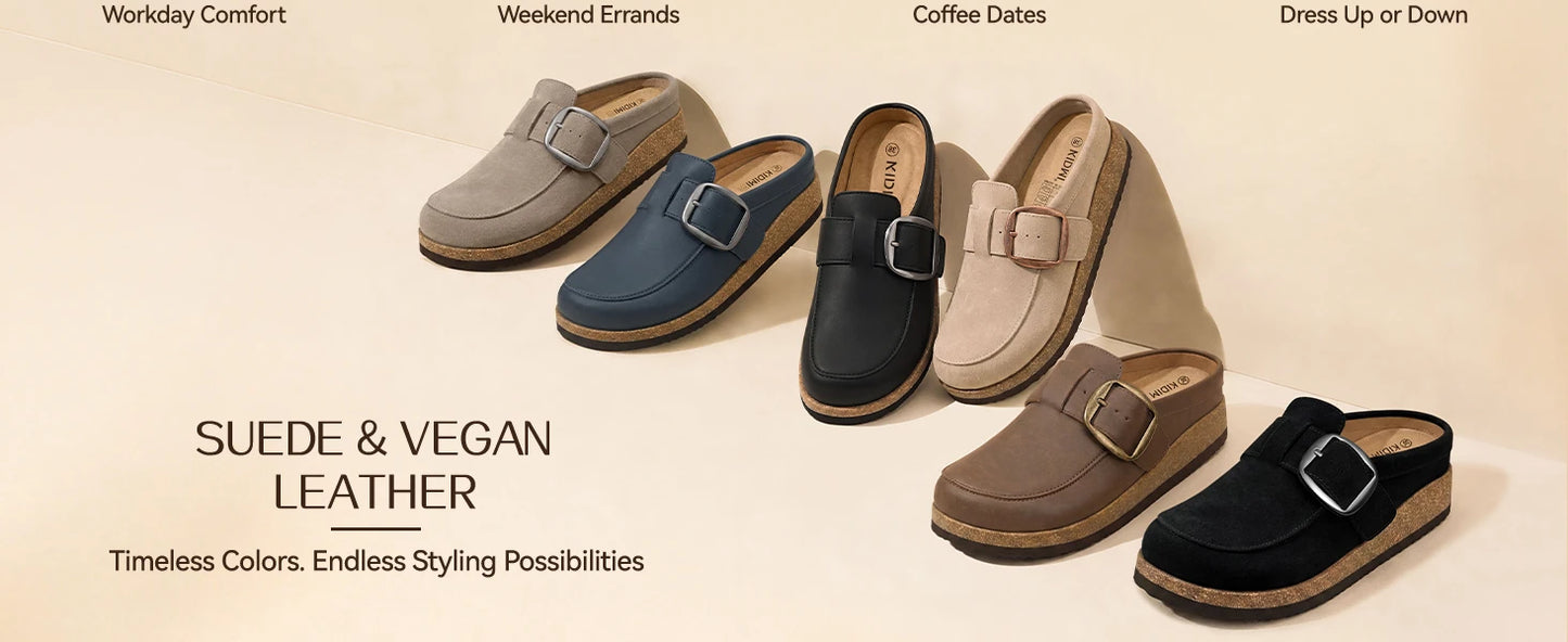 Evshine Women Loafer Style Clog Slippers Vegan Leather Adjustable Big Buckle Cork Footbed Casual Ladies House Home Slippers