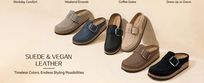 Evshine Women Loafer Style Clog Slippers Vegan Leather Adjustable Big Buckle Cork Footbed Casual Ladies House Home Slippers