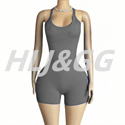 HLJ&GG Women Bodysuits Stretch Sporty One Piece Rompers Women Sleeveless Backless Slim Jumpsuits Summer New Solid Yoga Overalls