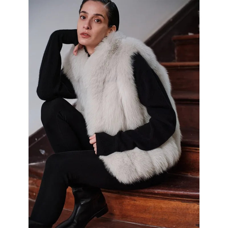 Stylishly stacked, blue fox imported from Finland, back hair, stand-up collar, vertical row fur, vest short Shu Jeju Xuejing