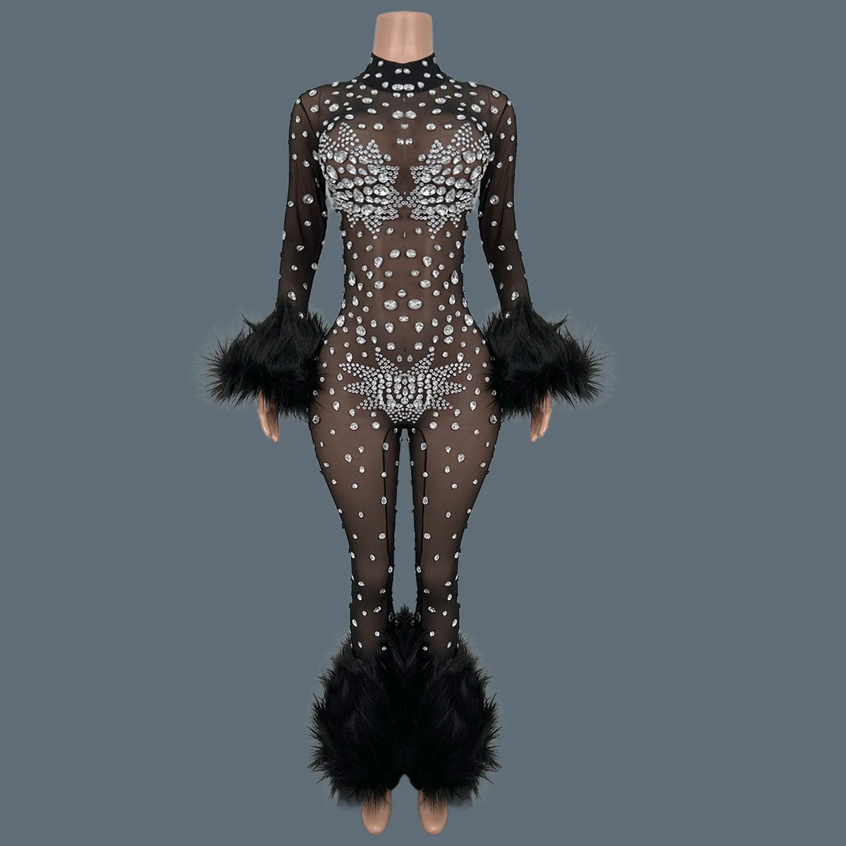 Shiny Crystals Pink Mesh Jumpsuit Sexy Feather Designe Birthday Jumpsuit Club Singer Event Performance Costume Stage Wear Guibin