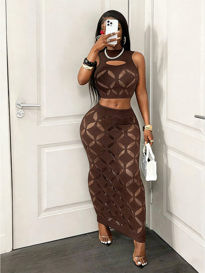FHSEER Plus Size 2PCS Women's Sexy Set See Through Mesh Hollow Out Crop Tank & High Waist Bodycon Mini Skirt Stretechy Clubwear