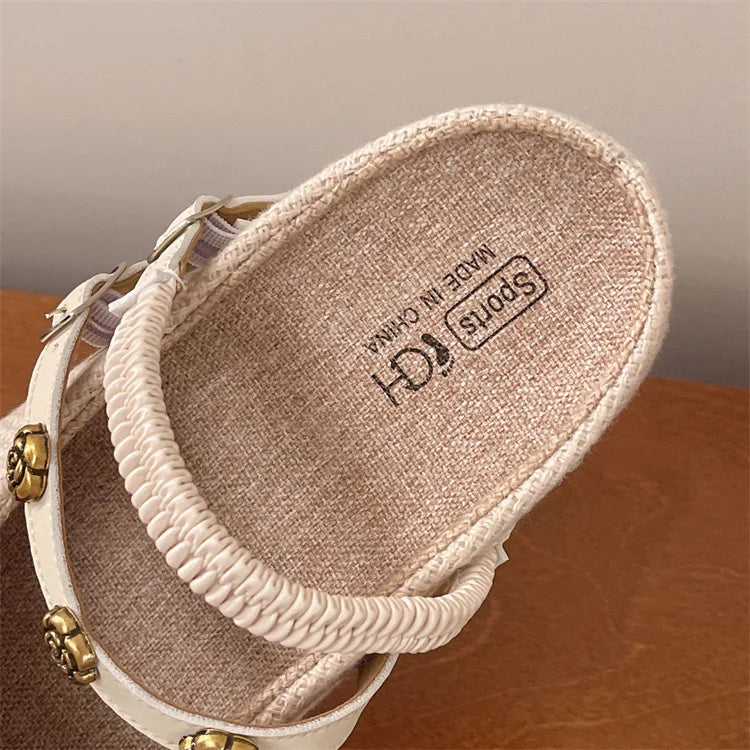 Women's Woven Mary Jane Mules Flat Round Toe Slip-On Shoes with Buckle Straps and Rose Hardware Casual Balletcore Summer Sandals