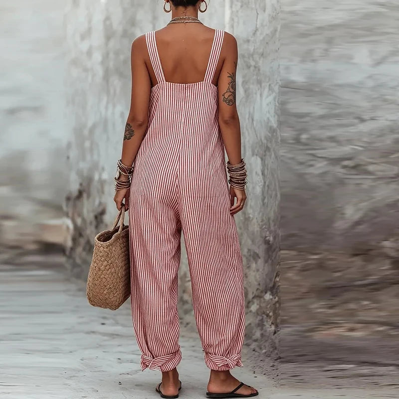 Summer Sleeveless Long Pants Jumpsuit Women Casual Striped Printed Pocket Playsuits For Women Fashion Loose Rompers Blue