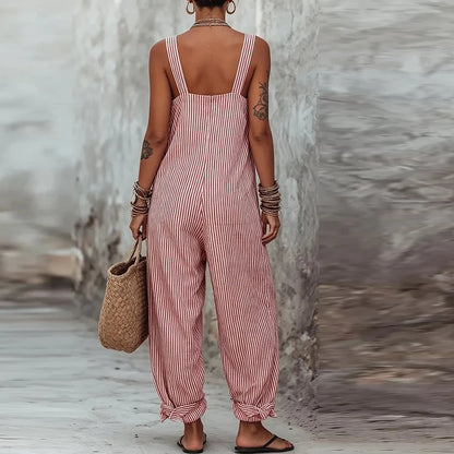 Summer Sleeveless Long Pants Jumpsuit Women Casual Striped Printed Pocket Playsuits For Women Fashion Loose Rompers Blue