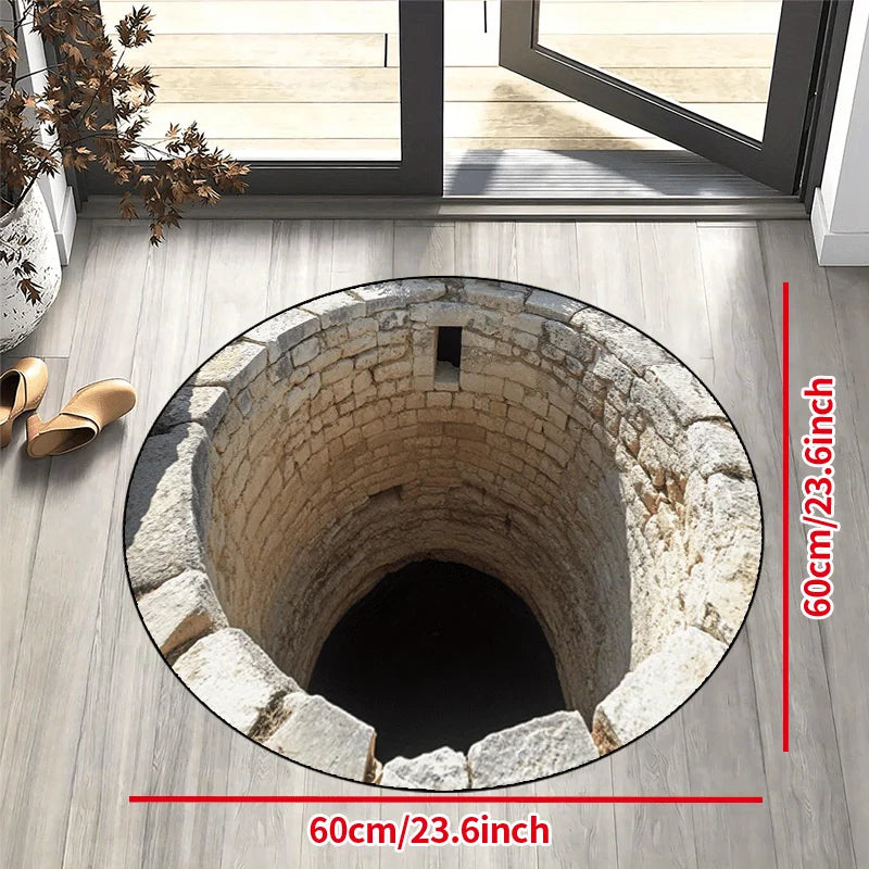 Stone Well Illusion Round Rug Flannel Unique Home Decor Living Room Floor Art Optical Illusion Design Conversation Starter Piece