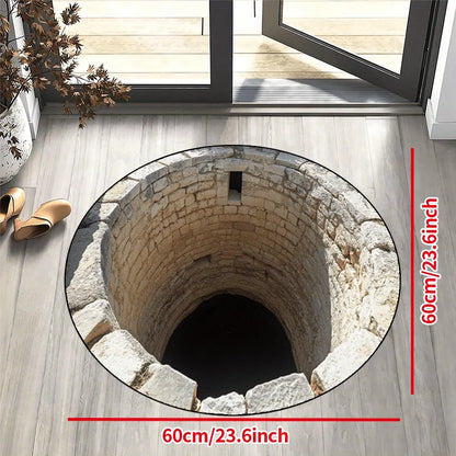 Stone Well Illusion Round Rug Flannel Unique Home Decor Living Room Floor Art Optical Illusion Design Conversation Starter Piece