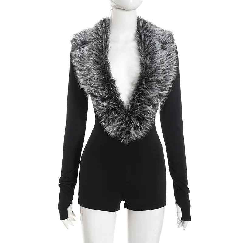 HLJ&GG Black Sexy Fur Splicing Deep V Bodycon One Piece Rompers Women Long Sleeve Slim Jumpsuits Fashion Streetwear With Belt