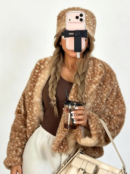 Retro Cute Deer Spot Faux Fur Coat Women Soft Furry Texture Vintage Oversized Jacket 2026 New Warm Elegant Women Street Outwear