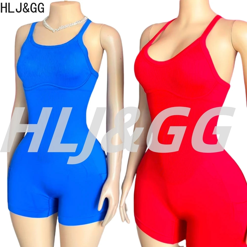 HLJ&GG Women Bodysuits Stretch Sporty One Piece Rompers Women Sleeveless Backless Slim Jumpsuits Summer New Solid Yoga Overalls