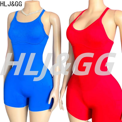 HLJ&GG Women Bodysuits Stretch Sporty One Piece Rompers Women Sleeveless Backless Slim Jumpsuits Summer New Solid Yoga Overalls