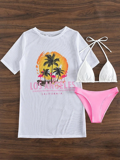 2026 New Tropical Print Three Pieces Bikini Set Thong Women Swimsuit with Cover Up Short Sleeve Biquini Swimwear Bathing Suit