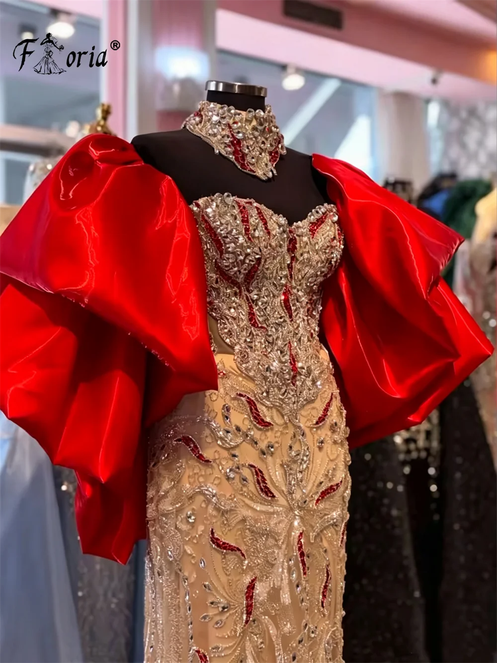 Luxury Heavy Beaded Evening Dress Puffy Big Sleeve High Neck Mermaid Prom Gown Sparkly Rhinestone Formal Party Dresses Customize