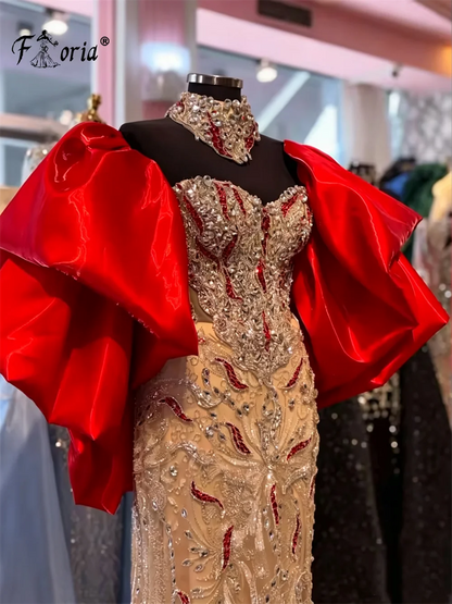 Luxury Heavy Beaded Evening Dress Puffy Big Sleeve High Neck Mermaid Prom Gown Sparkly Rhinestone Formal Party Dresses Customize