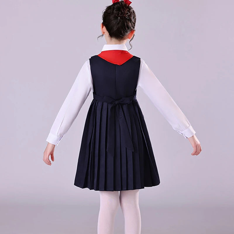 Girls Preppy Style Pleated Jumper Dress Headdress + Bow Tie Pants Suit Children Choir Poetry Performance Fashion School Uniform