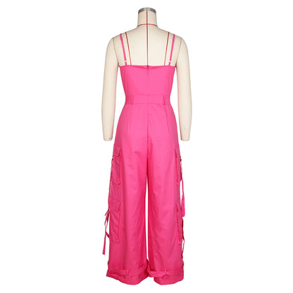 Jumpsuits Women One Piece Cargo Pant Wide Leg Long Pants Loose Casual Sling Sleeveless Overalls Y2k Strapless Solid Rompers
