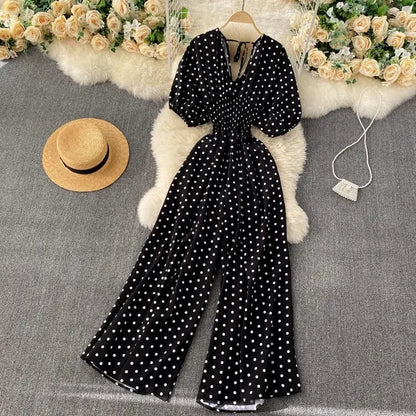 Jumpsuit Women Summer New Temperament Polka Dot V-neck High Waist Casual Wide Leg Jumpsuit Elegant Party One Piece Jumpsuits