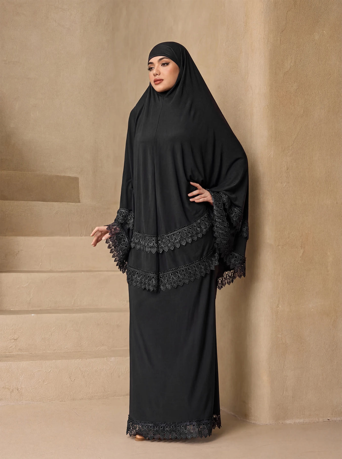 Elegant Multi Layer Lace Trim Khimar Abaya Two Piece Set, Modest Prayer Long Dress For Muslim Women Eid Daily Religious Wear