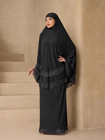 Elegant Multi Layer Lace Trim Khimar Abaya Two Piece Set, Modest Prayer Long Dress For Muslim Women Eid Daily Religious Wear