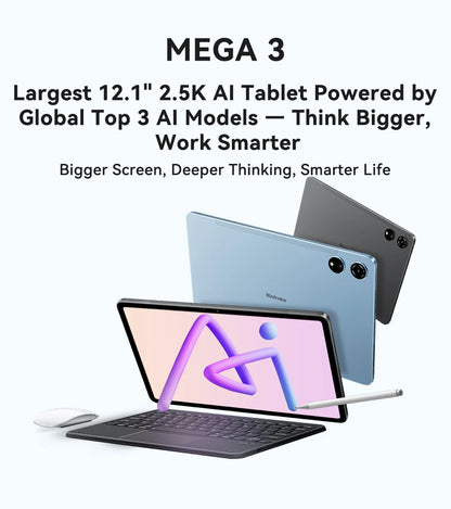 Blackview MEGA 3 Tablet PC 12.1' 2.5K FHD+ Display MTK G100 Octa Core 12GB 256GB 8800mAh 50MP Camera 33W Charger Android 15 Pad
