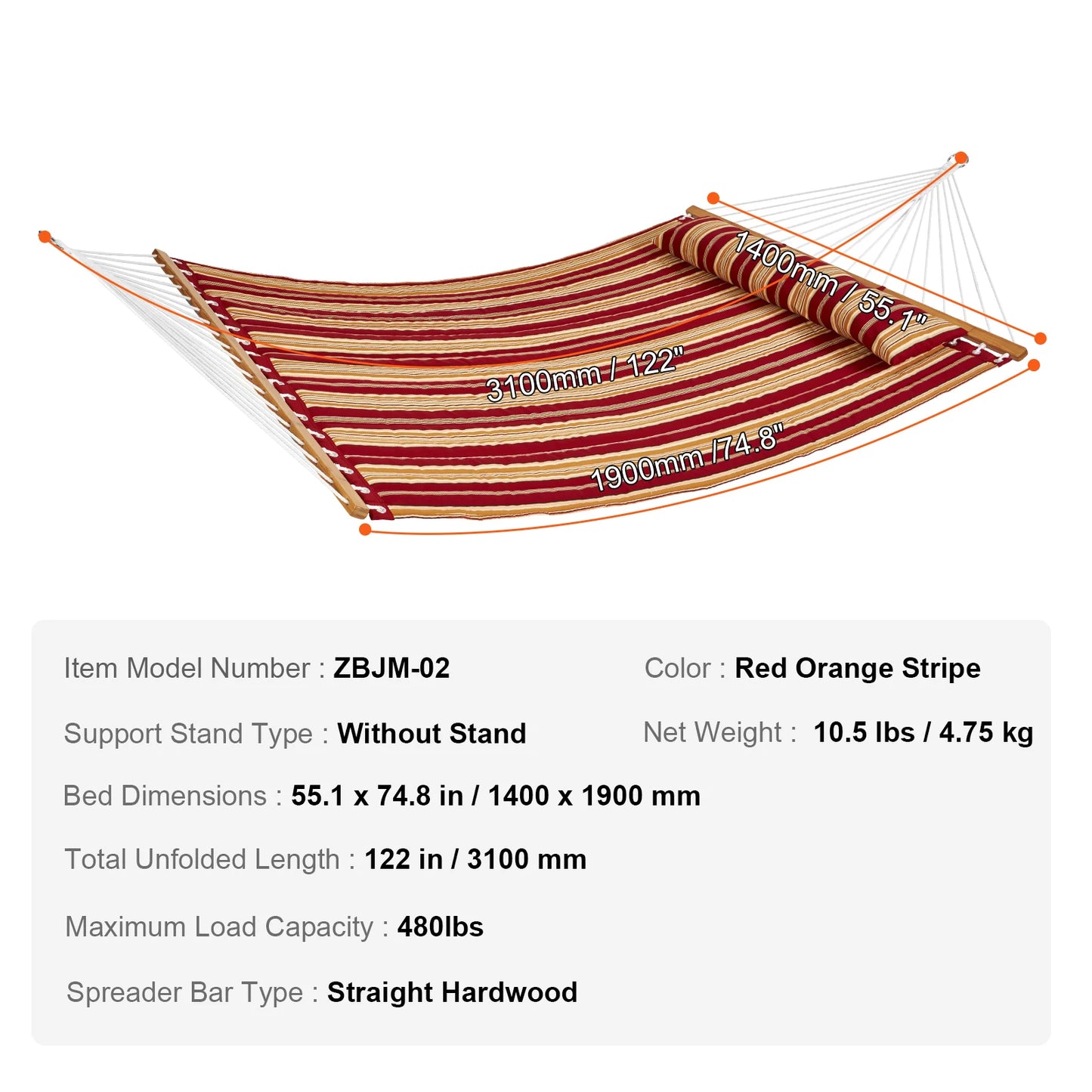 SucceBuy Two Person Hammock with Stand Included Double Hammock with Curved Spreader Bar and Detachable Pillow and Portable Bag